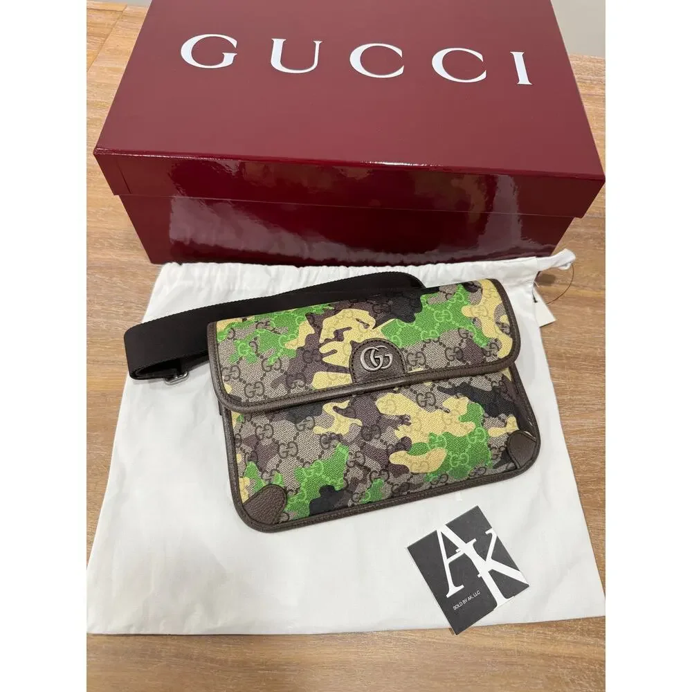 Gucci GG Supreme Camouflage Green Yellow Camo Belt Bag Crossbody Clutch 90 NWT